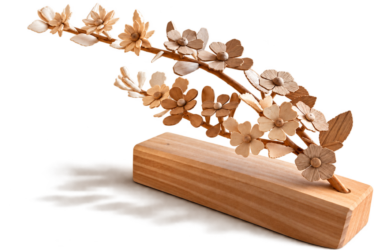Wooden flower sculpture on pedestal